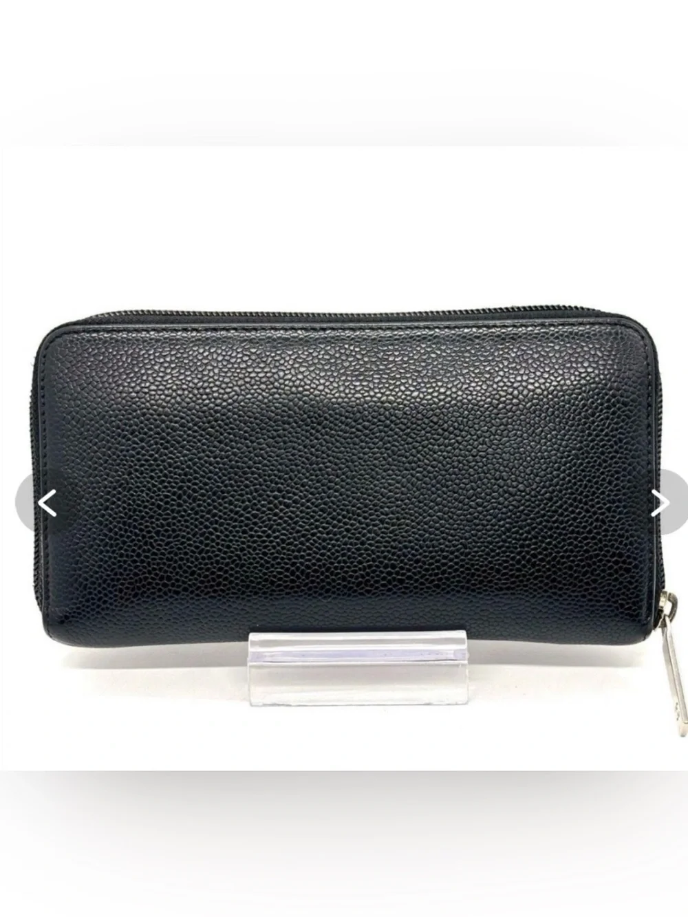 Authentic CHANEL Black Caviar Leather Zip-Around Wallet with Embossed CC